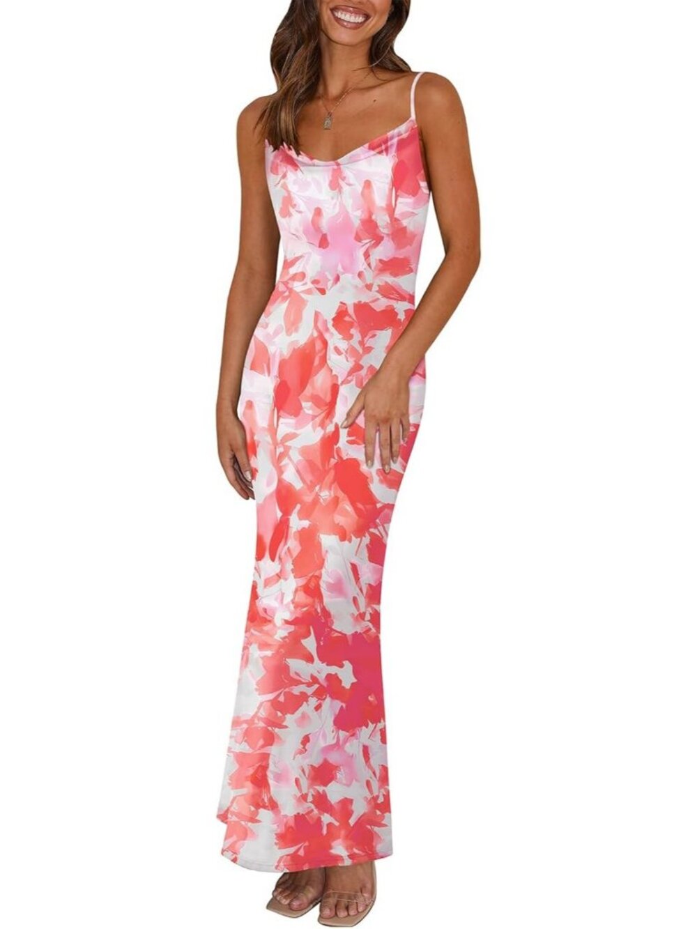 Women's Light Orange Floral Maxi Bodycon Spaghetti Strap Backless Slip Dress